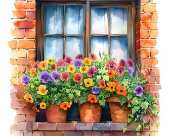 Flowery Window Box Clipart Bundle - 12 High Quality JPGs - Digital Downloads - Commercial Use, Watercolor, Mixed Media, Paper Paper Craft
