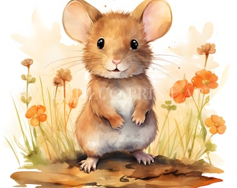 Cute MOUSE In Nature Clipart Bundle - 9 High Quality JPGs - Digital Downloads - Commercial Use, Watercolor, Mixed Media, Paper Craft, Mug