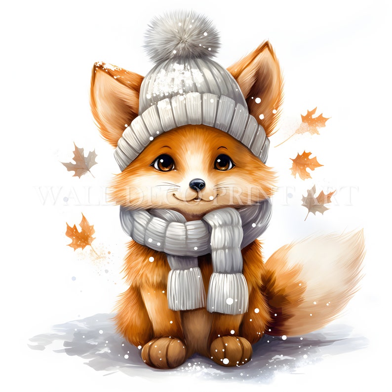 May include: A cute cartoon fox wearing a white knit hat with a pom pom and a white scarf. The fox is sitting on a snowy background with falling snowflakes and autumn leaves.