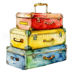 Paquete de 10 imágenes prediseñadas de maletas de viaje: JPG de alta calidad, descarga digital, uso comercial, acuarela, técnica mixta, diario basura, manualidades de papel