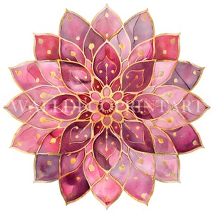 Pacchetto di clipart di fiori mandala rosa e oro - 10 JPG di alta qualità - Download digitale - Uso commerciale, arte acquerello stampabile, artigianato di carta