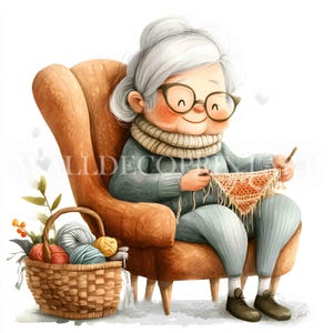 10 imágenes prediseñadas de abuela tejiendo: archivos JPG de alta calidad, descargas digitales, uso comercial, acuarela, medios imprimibles, manualidades con papel digital