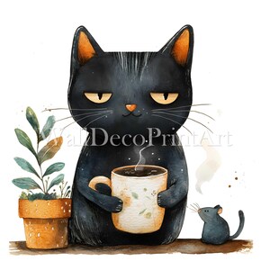 Grappige kat en koffie clipartbundel-10 hoge kwaliteit JPG-digitale download commercieel gebruik aquarel mixed media digitaal papier toilet kunst