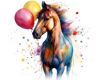 Birthday HORSES Clipart Bundle - 10 High Quality JPGs - Digital Downloads - Commercial Use, Watercolor, Mixed Media, Digital Paper Craft