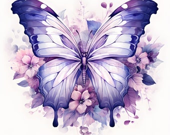 Lovely Butterfly with flowers Clipart Bundle - Purple - 1 PNG & 12 High Quality JPGs - Digital Downloads - Commercial Use, Watercolor, Media