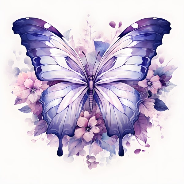 Lovely Butterfly with flowers Clipart Bundle - Purple - 1 PNG & 12 High Quality JPGs - Digital Downloads - Commercial Use, Watercolor, Media