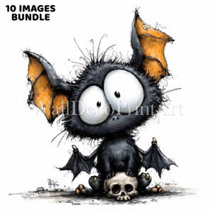 May include: A cartoon illustration of a black bat with large white eyes and orange-tipped wings. The bat is sitting on a skull. The image includes the text "10 IMAGES BUNDLE" in the upper left corner.
