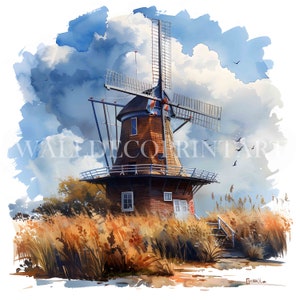 10 imágenes prediseñadas de molinos de viento: archivos JPG de alta calidad, descargas digitales, uso comercial, acuarela, medios imprimibles, manualidades digitales en papel, diario basura