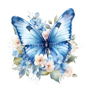 Hermoso paquete de imágenes prediseñadas de mariposas con flores, color azul, 10 archivos JPG de alta calidad, descargas digitales, uso comercial, acuarela, técnica mixta