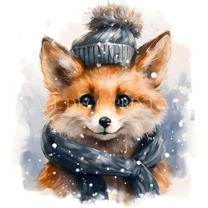 May include: A cute fox wearing a gray knit hat with a white pom pom and a blue and gray striped scarf. The fox is surrounded by white snowflakes.