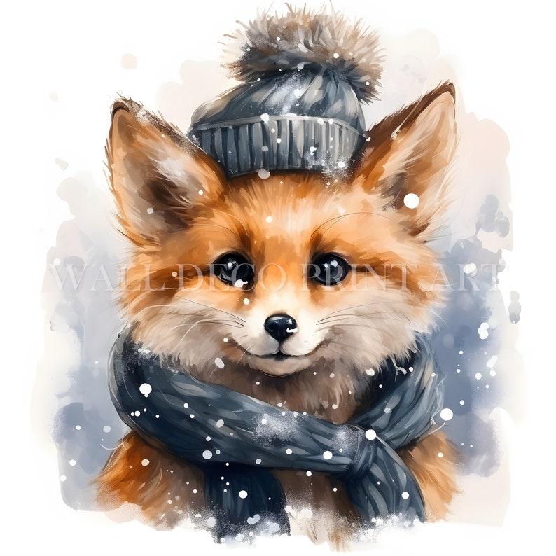 May include: A cute fox wearing a gray knit hat with a white pom pom and a blue and gray striped scarf. The fox is surrounded by white snowflakes.