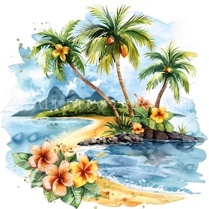 Hermoso paquete de imágenes prediseñadas de isla tropical: 10 archivos JPG de alta calidad, descargas digitales, acuarela, técnica mixta, manualidades digitales para uso comercial