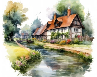 Watercolor English Village Clipart Bundle - 10 High Quality JPGs - Digital Downloads - Commercial Use, Watercolor, Mixed Media, Paper Craft