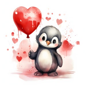 Paquete de imágenes prediseñadas de pingüinos de San Valentín: 11 archivos JPG de alta calidad, descargas digitales, uso comercial, acuarela, técnica mixta, manualidades digitales en papel
