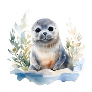 May include: A watercolor painting of a baby seal with big, dark eyes. The seal is sitting on a small ice floe surrounded by blue and green watercolor plants.