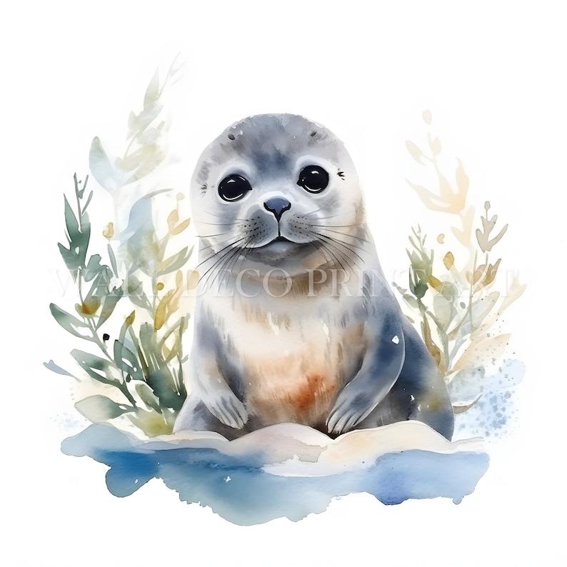 May include: A watercolor painting of a baby seal with big, dark eyes. The seal is sitting on a small ice floe surrounded by blue and green watercolor plants.
