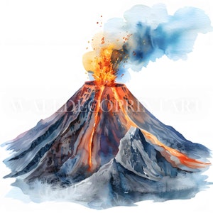 11 Clipart di vulcani attivi - JPG di alta qualità - Download digitali - Uso commerciale Stampabile Arte ad acquerello Tecnica mista Carta artigianale Giornale