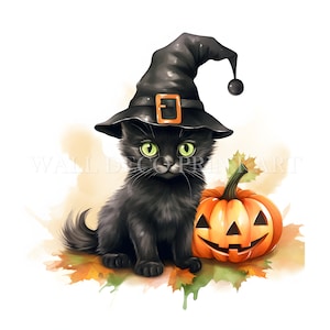 Bundle de cliparts mignon chat noir d'Halloween - 10 fichiers JPG haute qualité - téléchargement numérique - artisanat en papier numérique aquarelle technique mixte à usage commercial