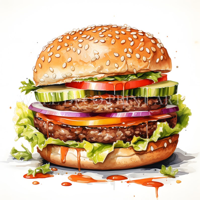 Peut inclure: Un savoureux burger double avec de la laitue, de la tomate, de l'oignon et des cornichons, surmont&eacute; d'un pain aux graines de s&eacute;same et arros&eacute; de sauce.