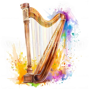 10 bellissimi clipart di arpa - Immagini di alta qualità - Download digitale - Uso commerciale, arte murale ad acquerello, strumento musicale, misto
