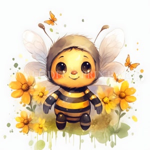 Paquete de imágenes prediseñadas de abejas lindas con flores: 10 archivos JPG de alta calidad, descargas digitales, uso comercial, acuarela, técnica mixta, manualidades de papel, tazas