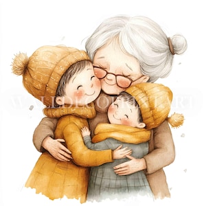 10 Oma und Kinder Clipart - Hochwertige JPGs - Digitale Downloads - Kommerzielle Nutzung, Aquarell, Druckbare Medien, Digitales Papiermodell
