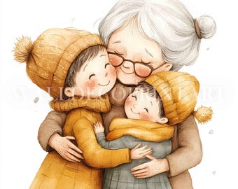 May include: A watercolor illustration of a grandmother hugging two children. The grandmother has white hair and is wearing a brown sweater. The children are wearing yellow and brown winter hats and scarves. The children are smiling and hugging the grandmother.