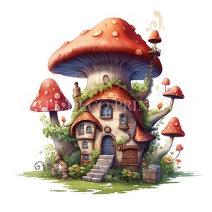 Watercolor Toadstood House Clipart Bundle - 10 High Quality JPGs - Digital Downloads - Commercial Use, Watercolor, Mixed Media, Paper Craft