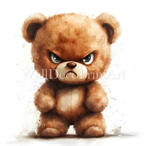 May include: A brown teddy bear with a grumpy expression. The bear has a brown nose and black eyes. The bear is standing on a white background.