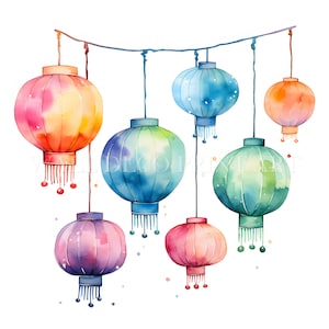 Lanterne di carta colorate Clipart - 10 JPG di alta qualità - Download digitali - Uso commerciale, acquerello, tecniche miste, artigianato digitale con carta
