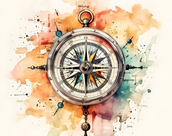 Watercolor Compass Clipart Bundle - 11 JPG di alta qualità - Download digitali - Uso commerciale, acquerello, tecniche miste, artigianato digitale su carta