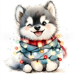 Christmas Husky Dog Lights Clipart Bundle - 10 High Quality JPG - Digital Downloads - Commercial Use, Watercolor, Mixed Media, Digital Craft