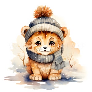 Cute Christmas Lion Clipart Bundle - 10 High Quality JPG - Digital Downloads - Commercial Use, Watercolor, Mixed Media, Digital Paper Craft