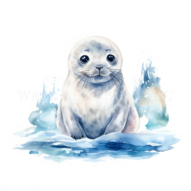 May include: A watercolor painting of a baby seal with big, dark eyes, sitting on a blue and white ice floe. The seal is surrounded by blue and white watercolor washes, creating a whimsical and charming scene.