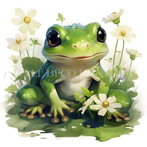 Preciosa rana con flores: paquete de imágenes prediseñadas: 10 archivos JPG de alta calidad, descargas digitales, uso comercial, acuarela, técnica mixta, revistas basura