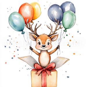Birthday Reindeer Gift Clipart Bundle - 10 High Quality JPGs - Digital Download Commercial Use Watercolor Mixed Media Paper Craft Animal Art
