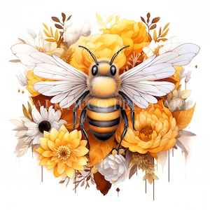Belle abeille avec fleurs Clipart Bundle - 6 fichiers JPG de haute qualité - téléchargements numériques - usage commercial, aquarelle, techniques mixtes, créations en papier, mug