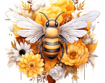Lovely Bee with flowers Clipart Bundle - 6 High Quality JPGs - Digital Downloads - Commercial Use, Watercolor, Mixed Media, Paper Craft, Mug