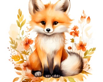 Lot de cliparts mignon petit renard - 9 fichiers JPG haute qualité - téléchargements numériques - usage commercial, aquarelle, techniques mixtes, créations numériques, animal