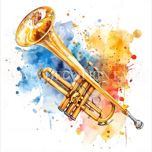 Lot de 10 cliparts trompette moderne - Images de haute qualité - téléchargement numérique - usage commercial, art mural aquarelle, instrument de musique, mixte