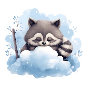 Bundle de cliparts mignon raton laveur dormant sur un nuage - 10 fichiers JPG de haute qualité - téléchargement numérique - utilisation commerciale, aquarelle, techniques mixtes, numérique