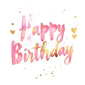 10 roze en gouden Happy Birthday clipart-bundel - hoge kwaliteit jpg's - digitale download - commercieel gebruik, aquarel, mixed media, digitale print