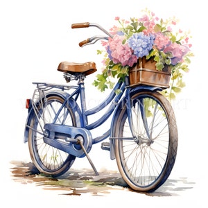 Bundle de cliparts aquarelle vélo floral - 10 fichiers JPG haute qualité - téléchargement numérique - utilisation commerciale, aquarelle, techniques mixtes, papier numérique
