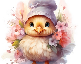 Cute Spring Flower Chicken Clipart Bundle - 10 High Quality JPG - Digital Download - Commercial Use, Watercolor, Mixed Media, Digital Paper