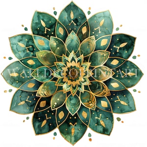 Bundle de cliparts fleurs mandala vert foncé et or - 16 fichiers JPG haute qualité - téléchargement numérique - usage commercial, aquarelle imprimable, papier