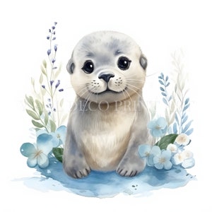 May include: A watercolor painting of a cute baby seal with big brown eyes, sitting on a blue and white floral background.