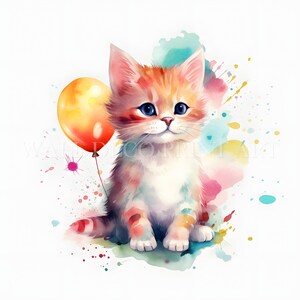 Birthday KITTENS Clipart Bundle - 15 High Quality JPGs - Digital Downloads - Commercial Use, Watercolor, Mixed Media, Digital Paper Craft