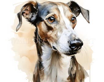 May include: A watercolor painting of a brown, white, and black dog with brown eyes. The dog is looking to the right of the image. The background is a light brown watercolor wash.