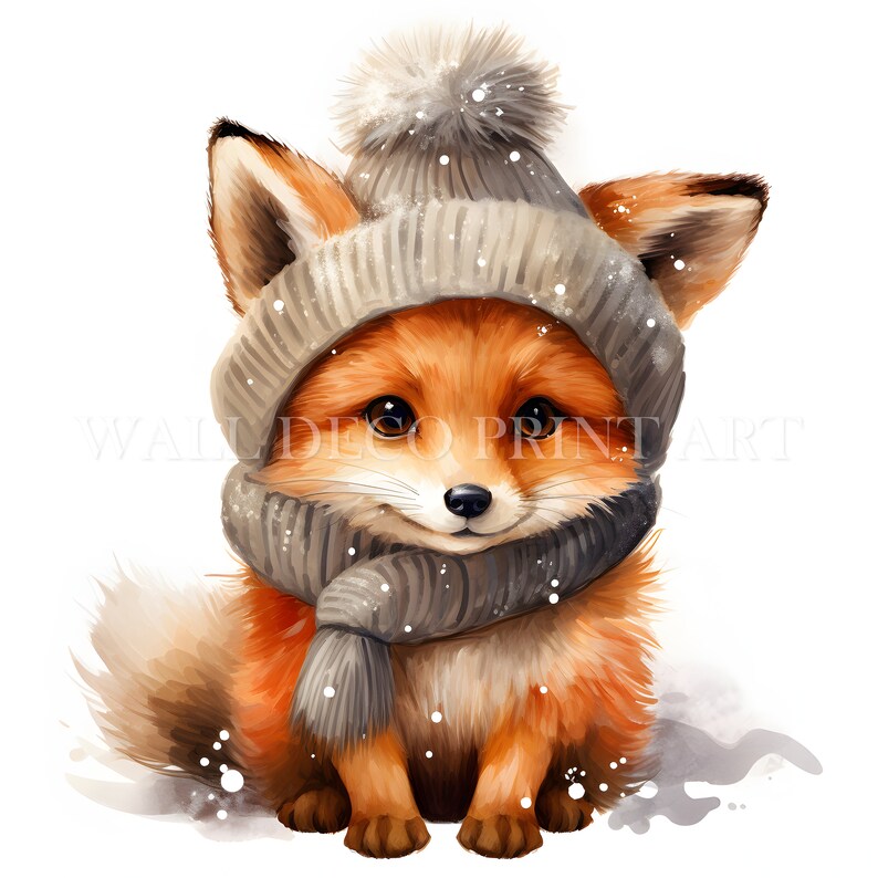 May include: A cute orange fox wearing a gray knitted hat and scarf with a white pom-pom on top. The fox is sitting on a white background with a few snowflakes.