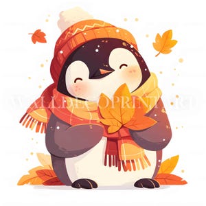 Paquete de 10 imágenes prediseñadas de pingüinos otoñales: archivos JPG de alta calidad, descarga digital, uso comercial, técnica mixta, manualidades digitales, diario basura para pared